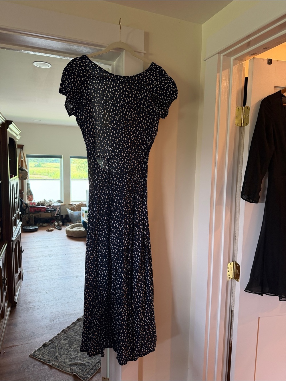 Urban Outfitters Navy Blue Midi Dress with White Micro Dot Print